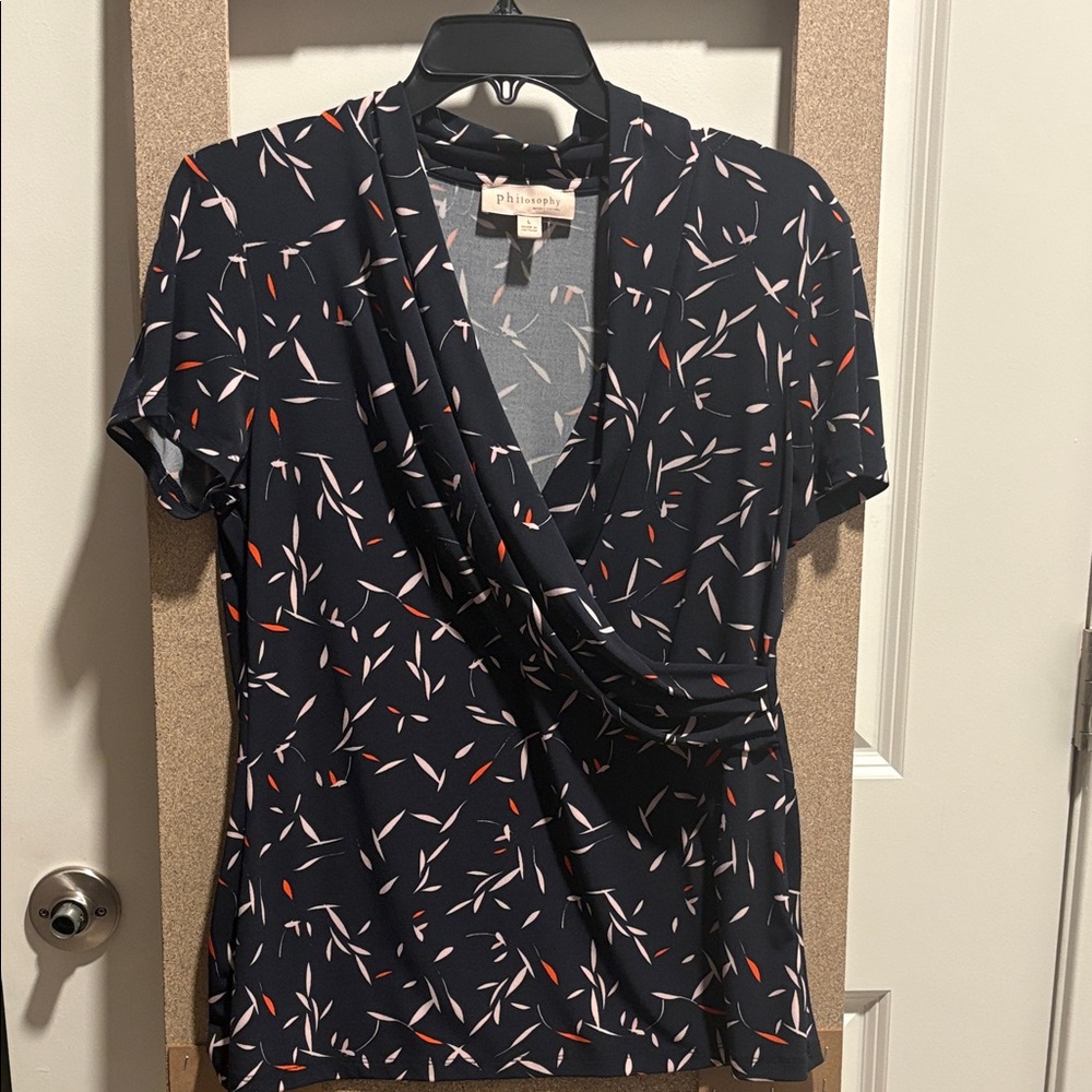 Philosophy Navy Leaf Print Wrap Blouse